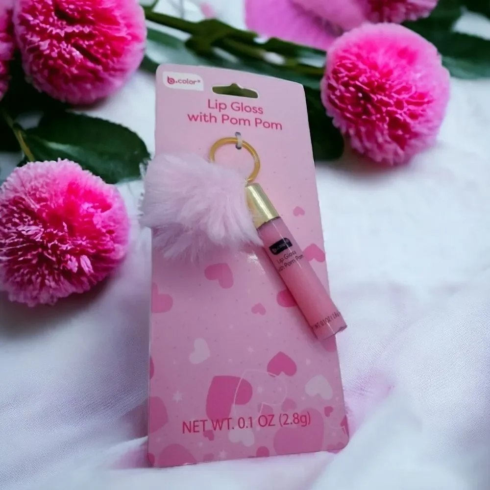 NEW Lip Gloss & Pom Pom Keychain ❤️ Shimmer Pink Furry Ball Backpack Purse Clip